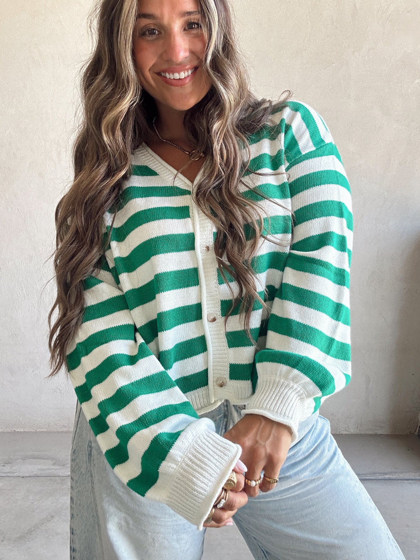 Brendee Striped Cardigan in Green & Ivory