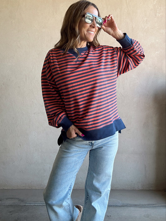 Sandy Striped Pullover in Coral & Navy