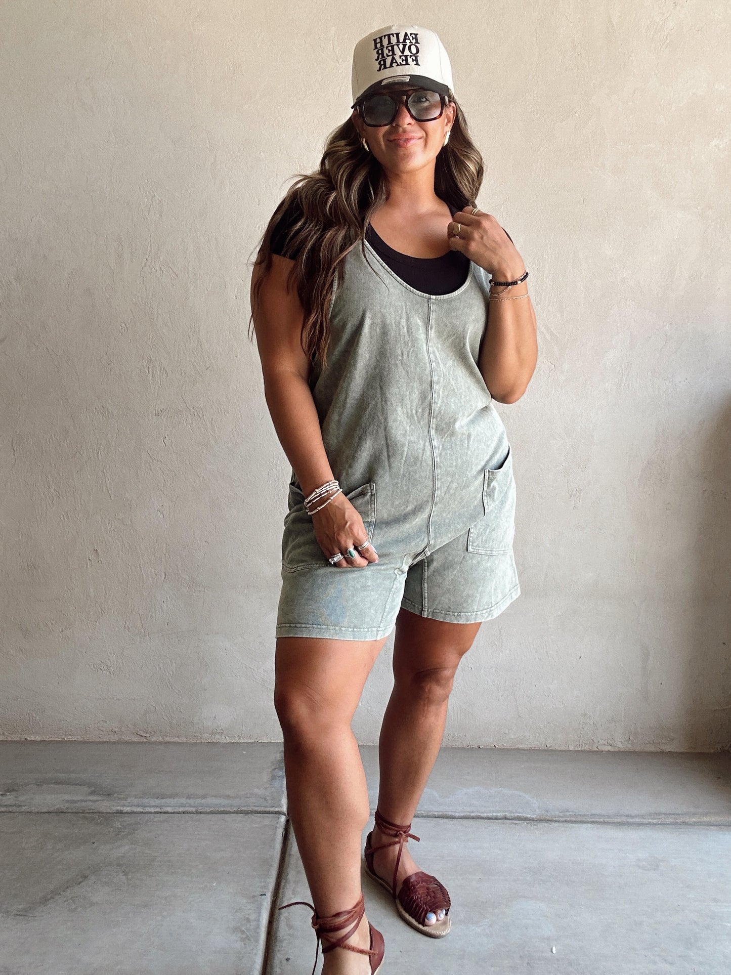 Millie Mineral Washed Romper in Olive