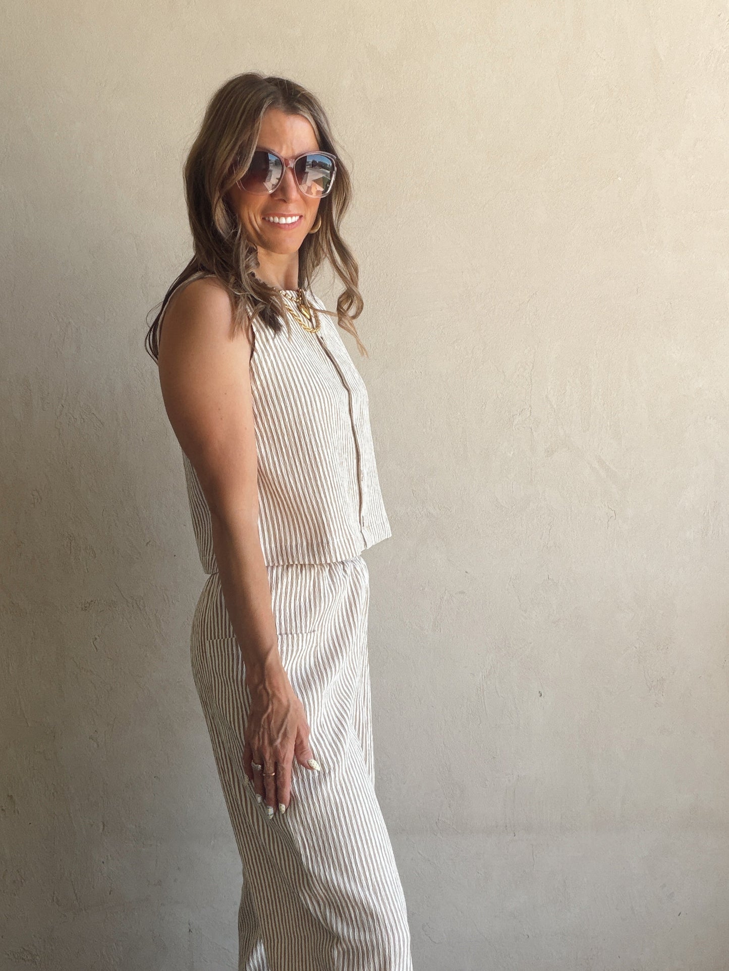 Melinda Tank in Taupe & White