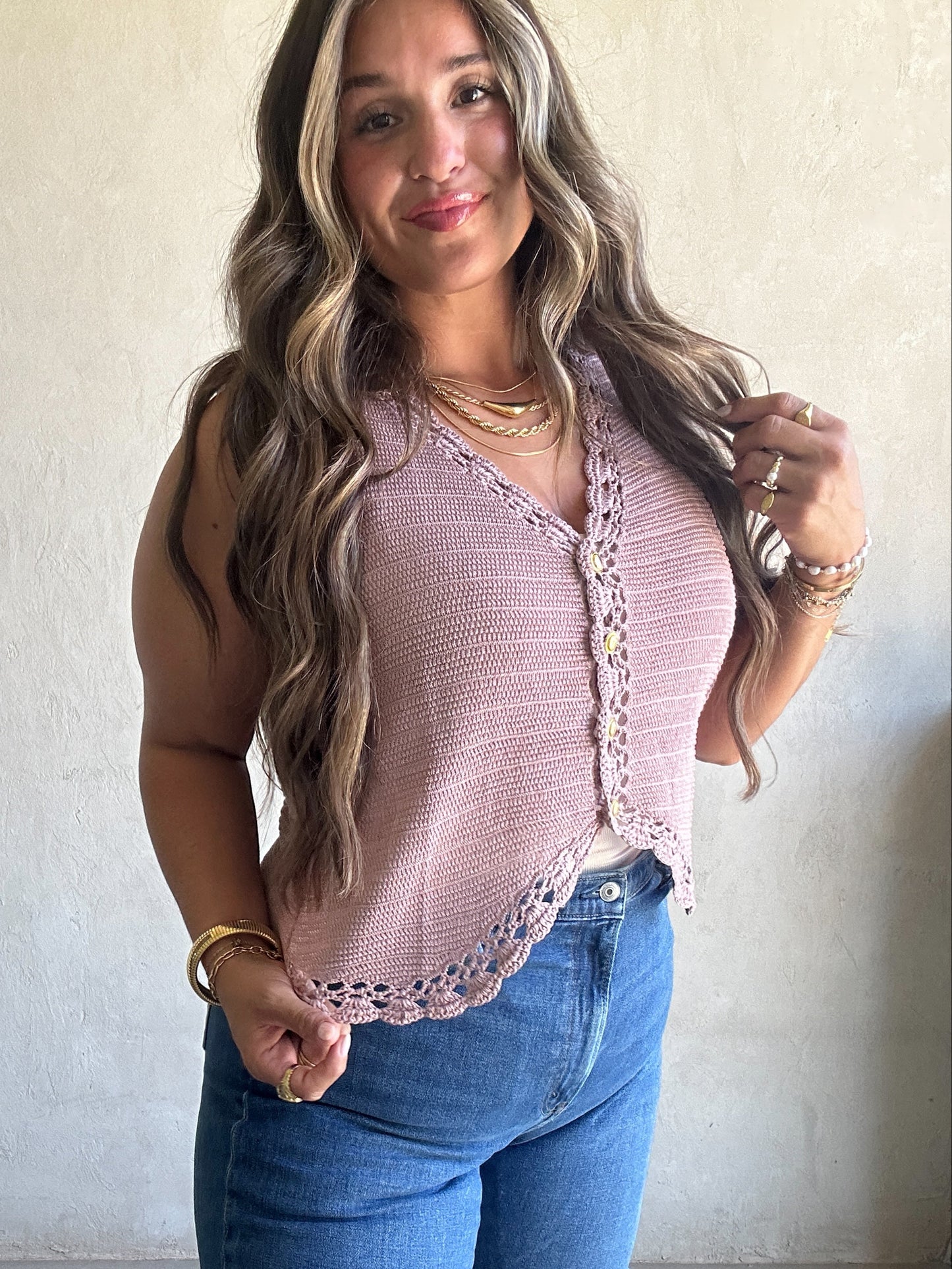 Jemma Crochet Vest in Dusty Rose