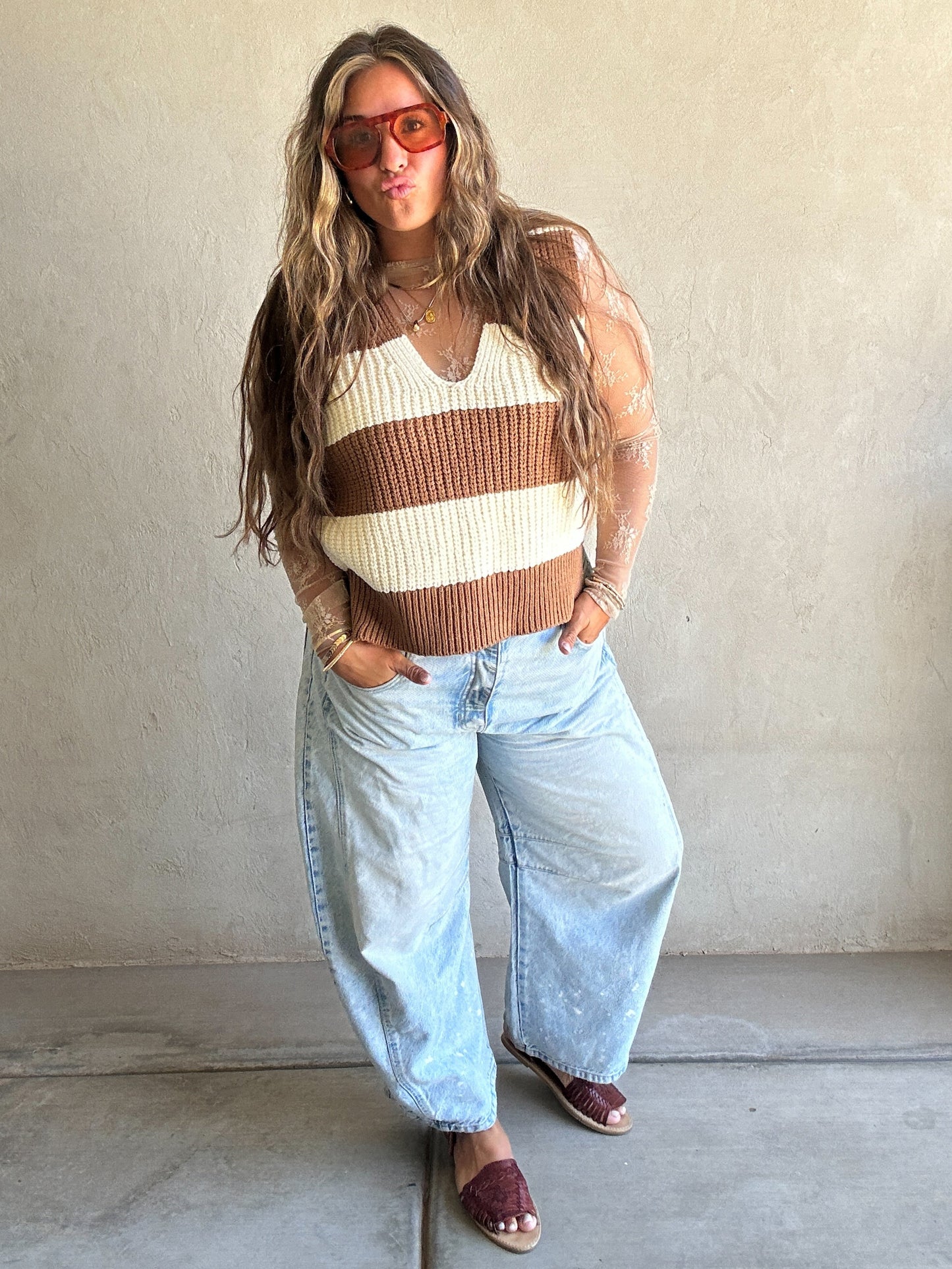 Jentry Stripe Sweater Vest in Mocha & Cream