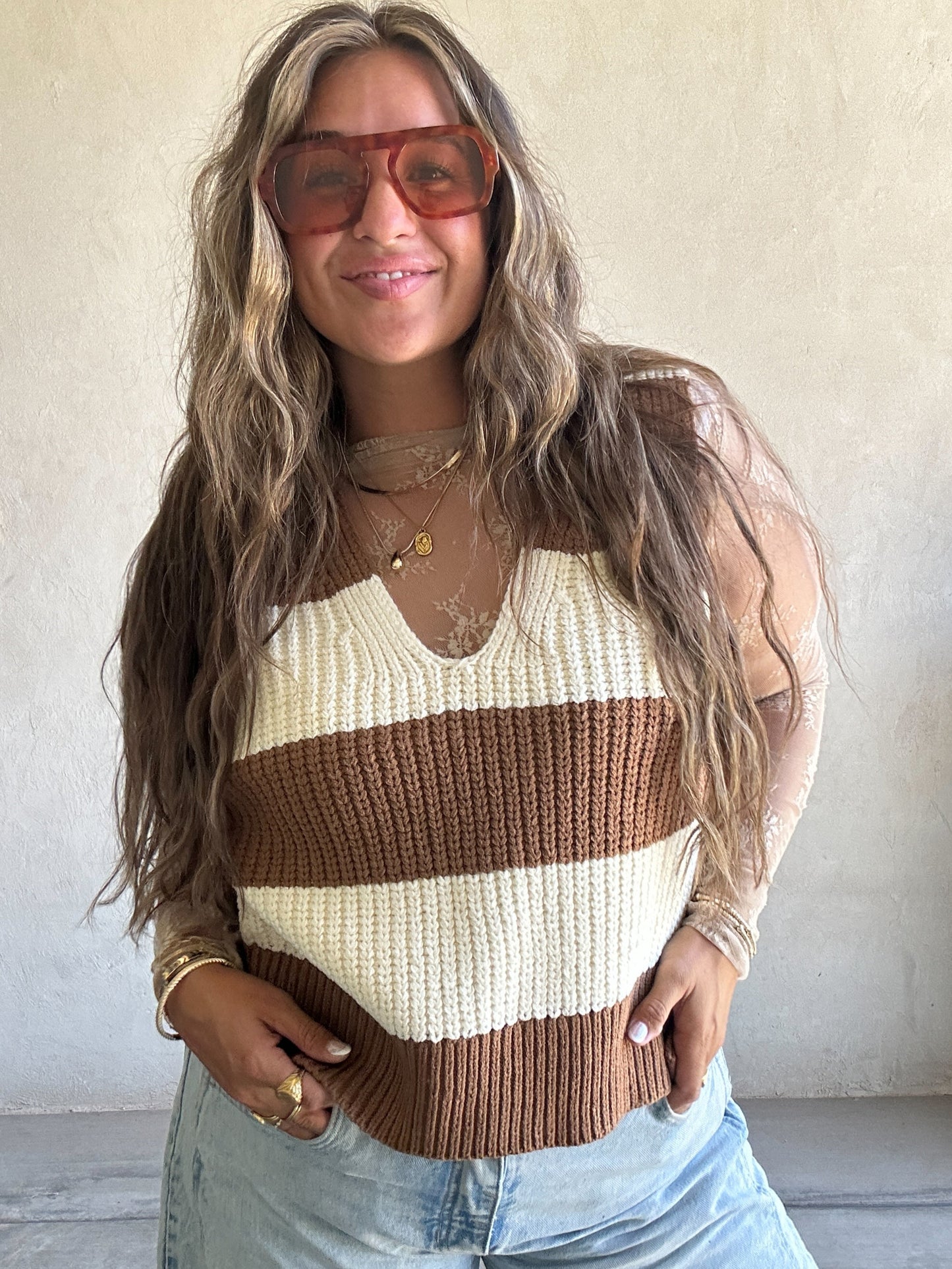 Jentry Stripe Sweater Vest in Mocha & Cream