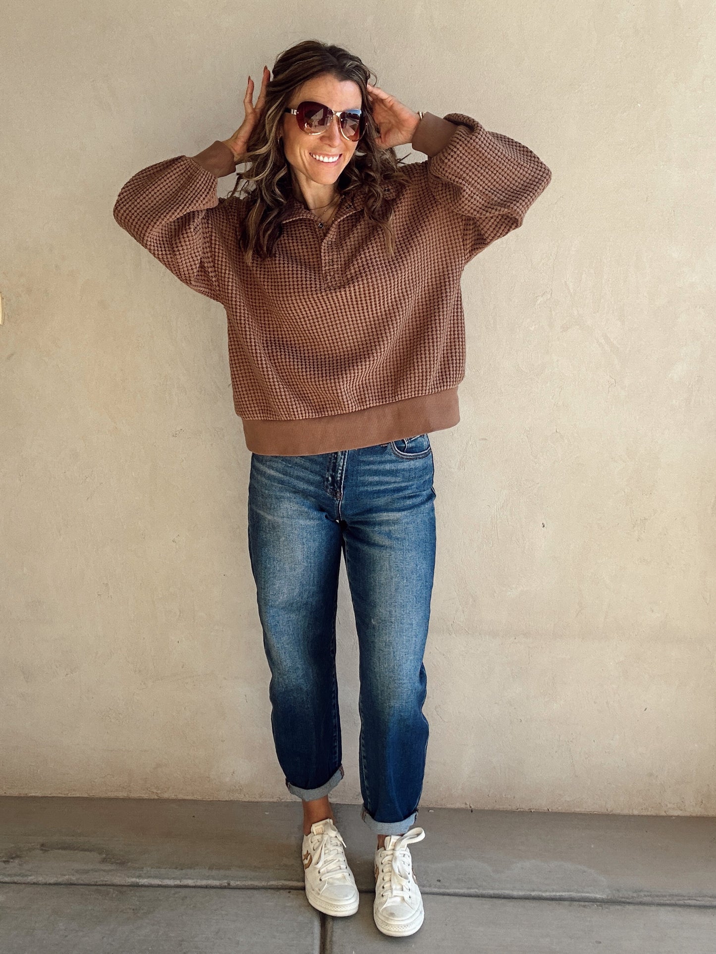 Suzy Button Down Waffle Sweatshirt in Chocolate