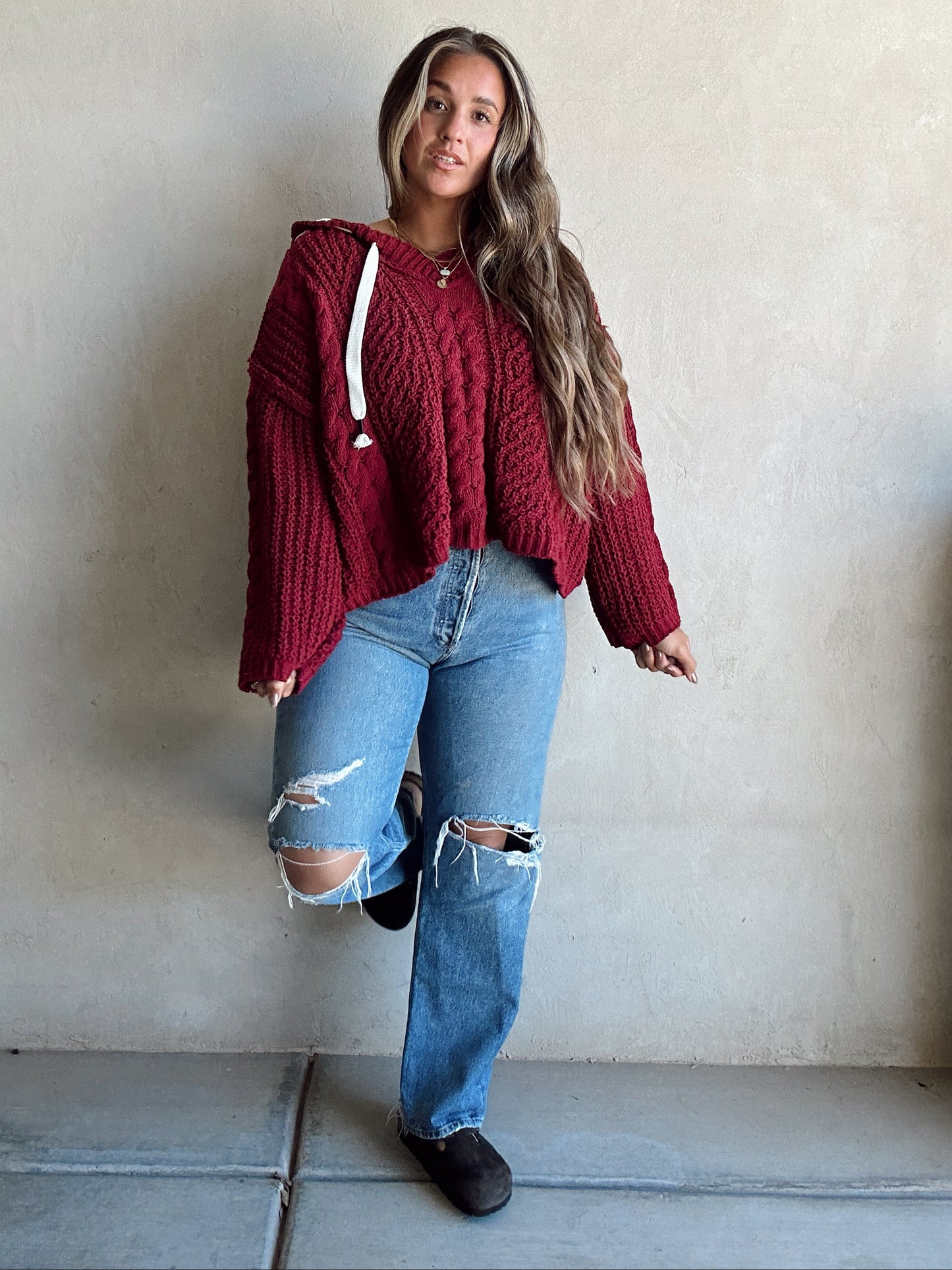 Cassie Cable Knit Sweater in Burgundy