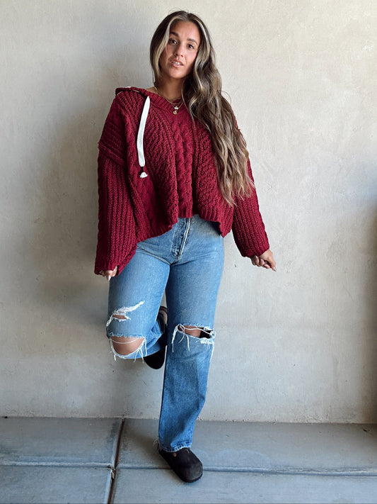 Cassie Cable Knit Sweater in Burgundy