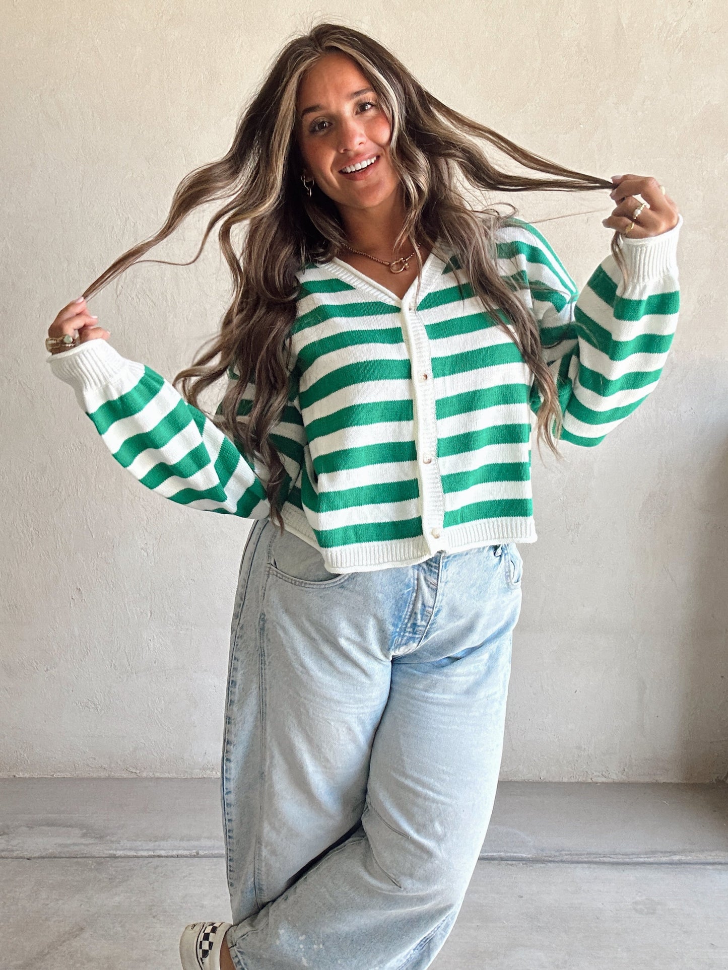 Brendee Striped Cardigan in Green & Ivory