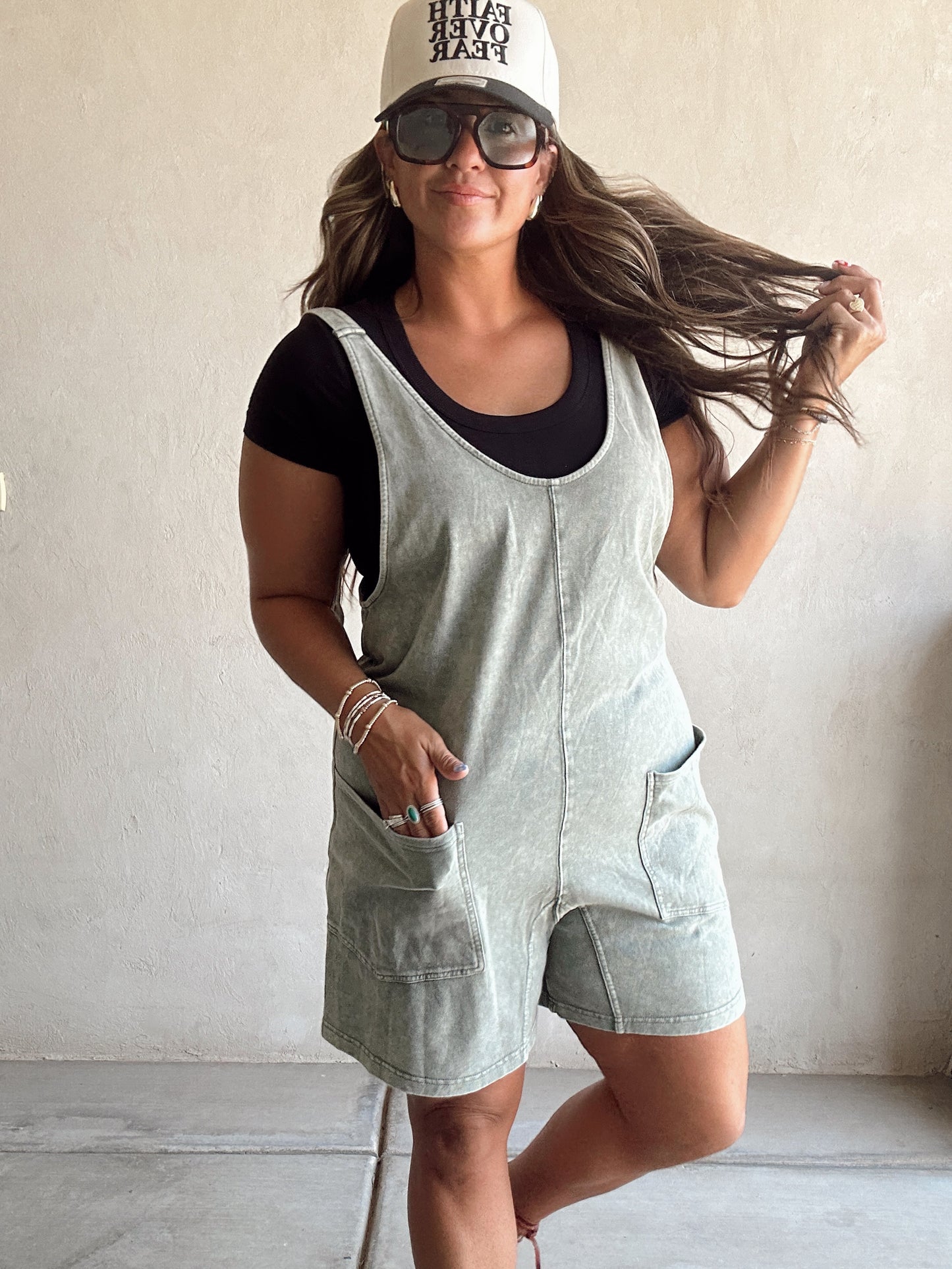 Millie Mineral Washed Romper in Olive