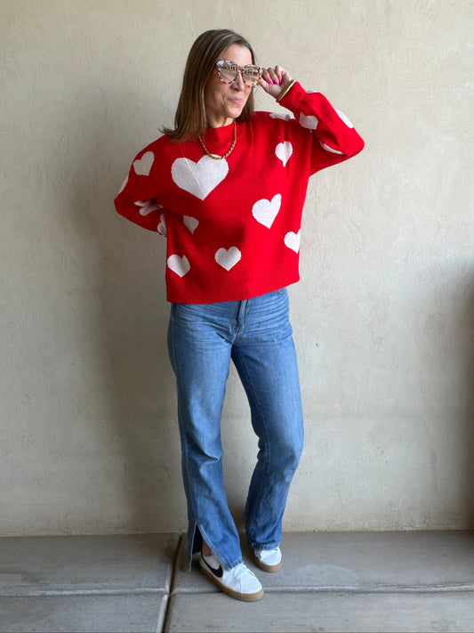 Marie Heart Sweater in Red & White