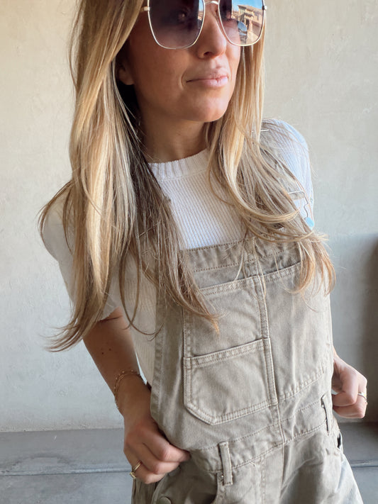 Tallie Barrel Overalls in Stone