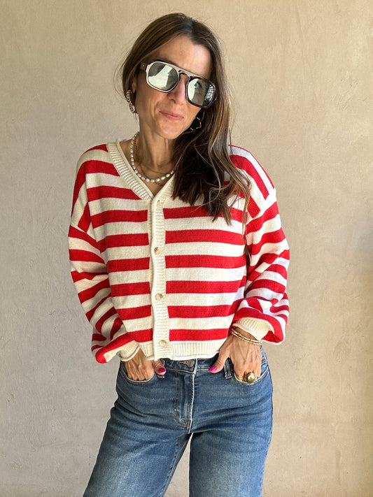 Brendee Striped Cardigan in Red & Ivory
