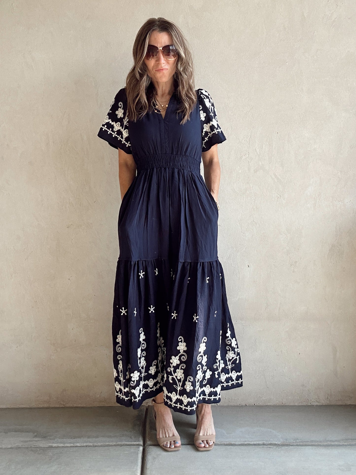 Pyper Embroidered Dress in Navy