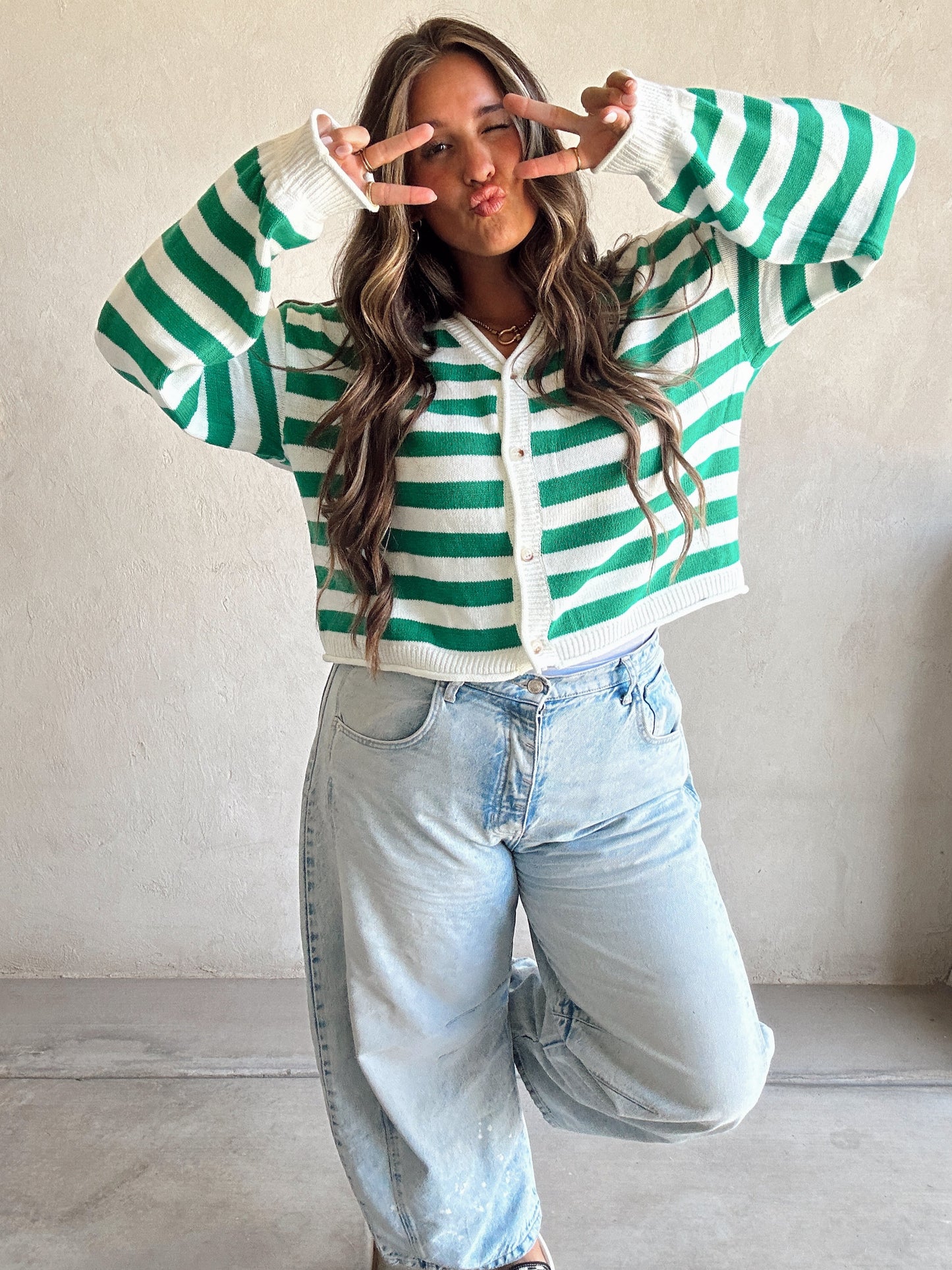 Brendee Striped Cardigan in Green & Ivory