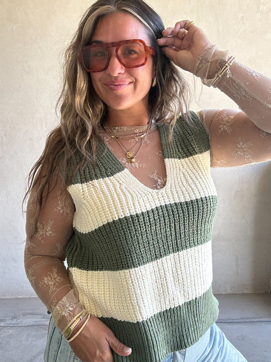 Jentry Stripe Sweater Vest in Olive & Cream