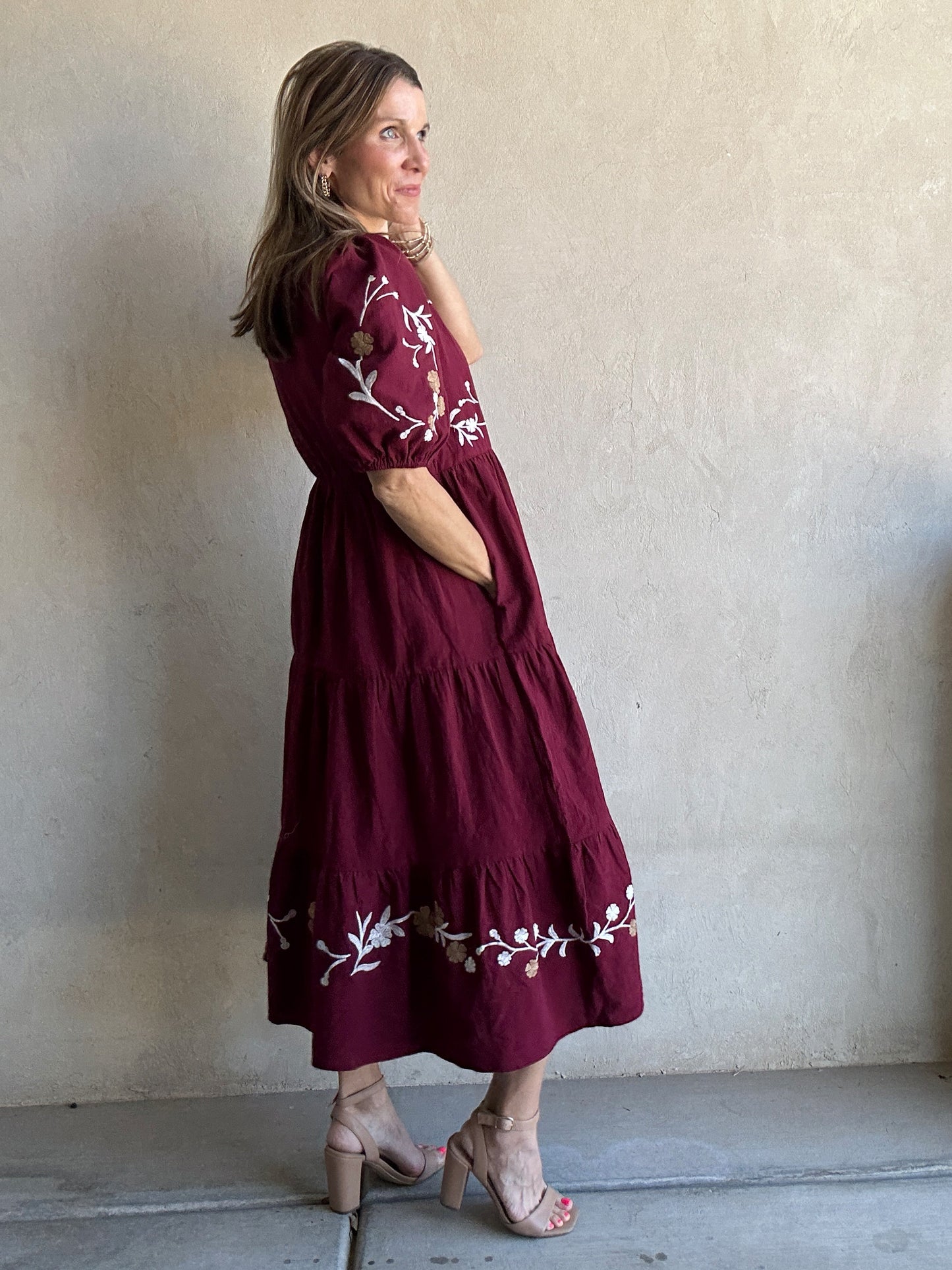 Brittany Embroidered Dress in Burgundy