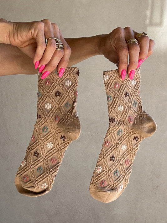 Textured Crew Socks in Tan