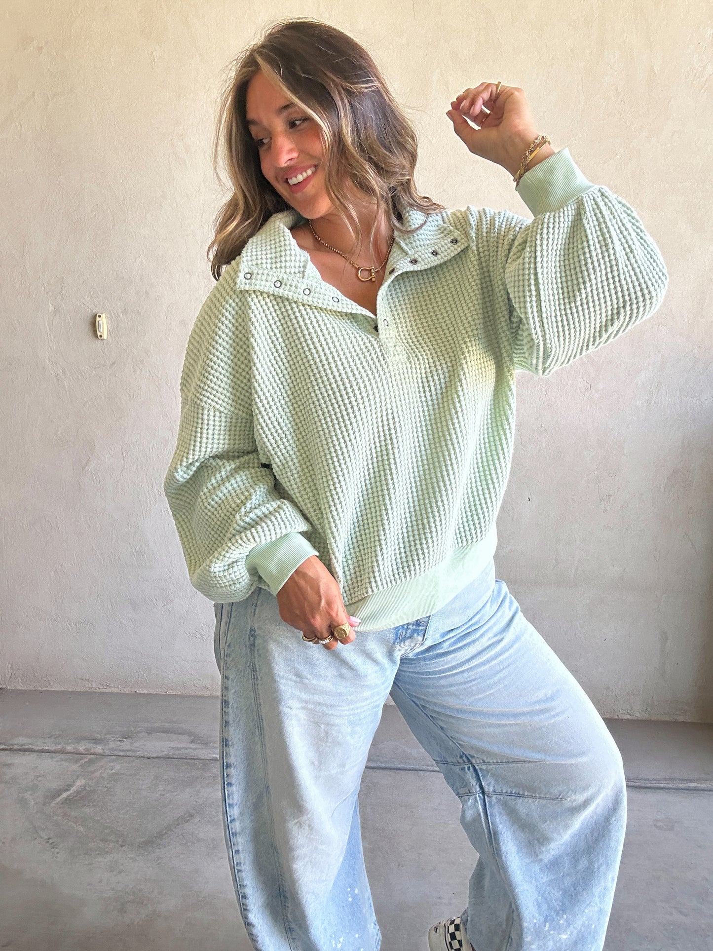 Suzy Button Down Waffle Sweatshirt in Cream