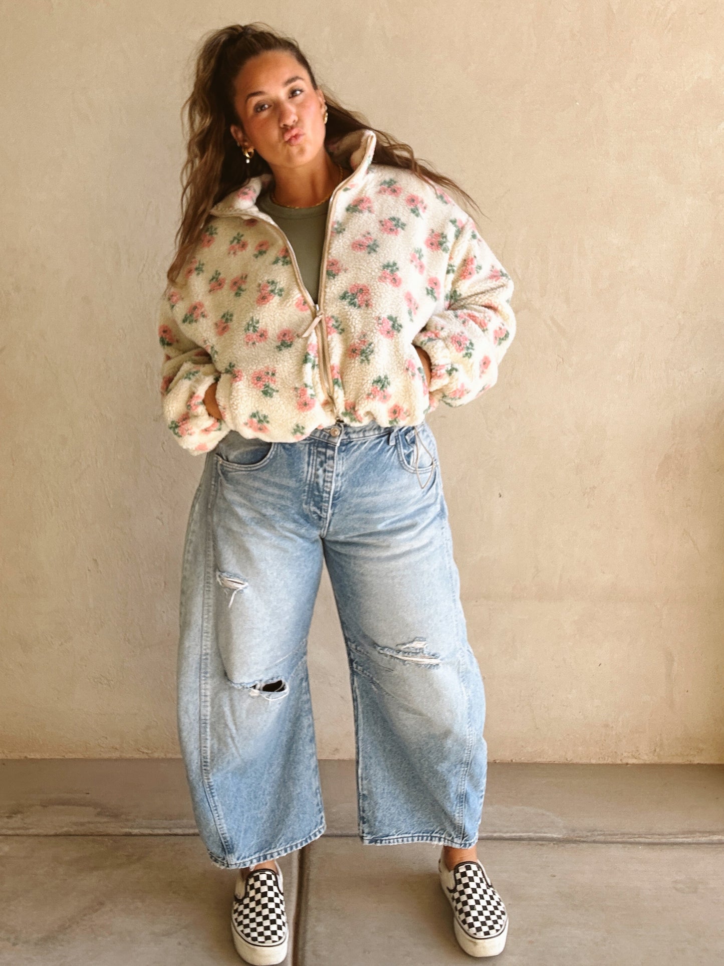 Quinn Sherpa Floral Jacket in Cream