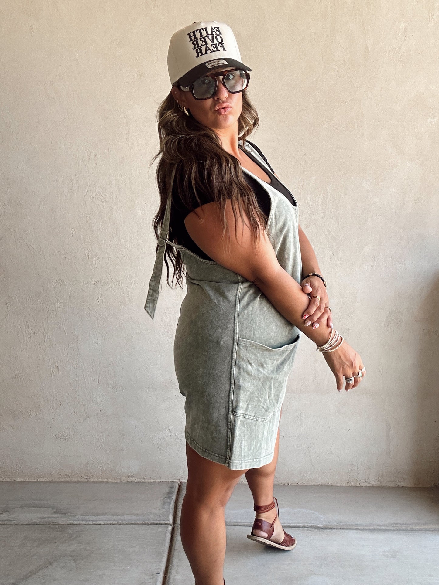 Millie Mineral Washed Romper in Olive
