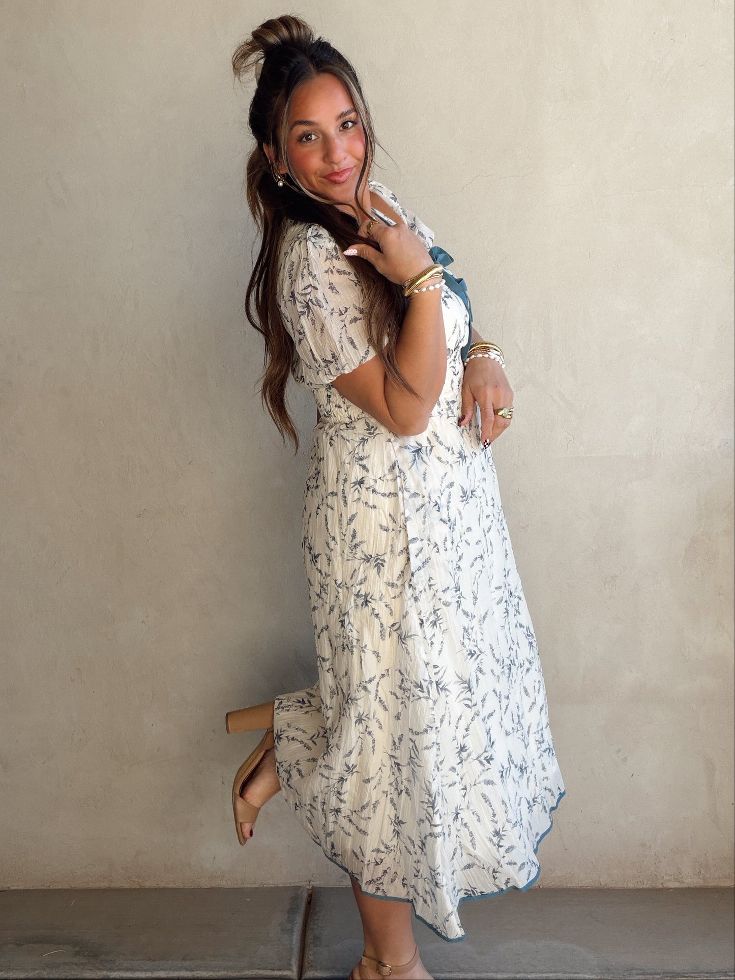 Veronica Floral Dress in Cream & Blue