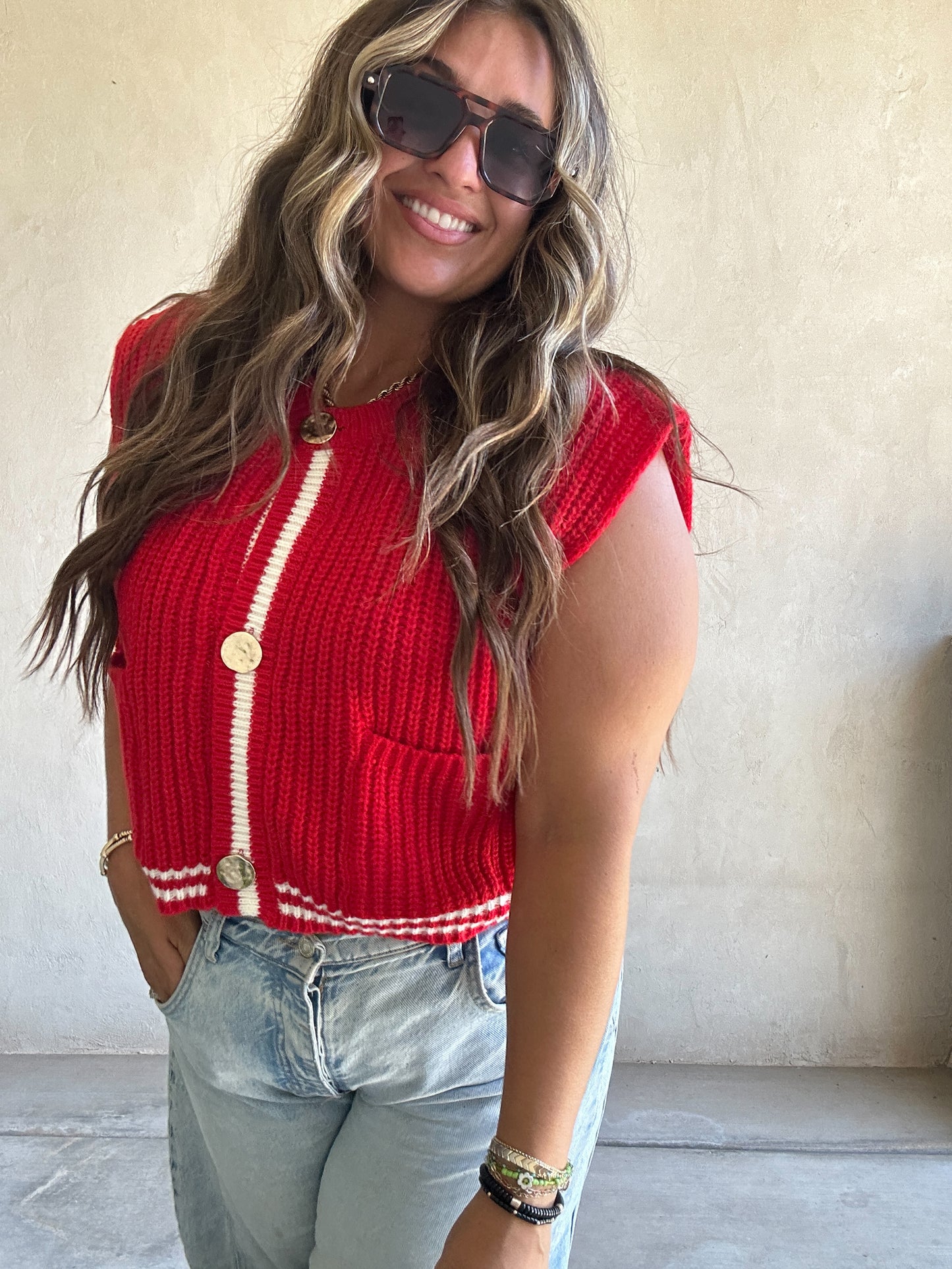 Rosy Sweater Vest in Red & Ivory