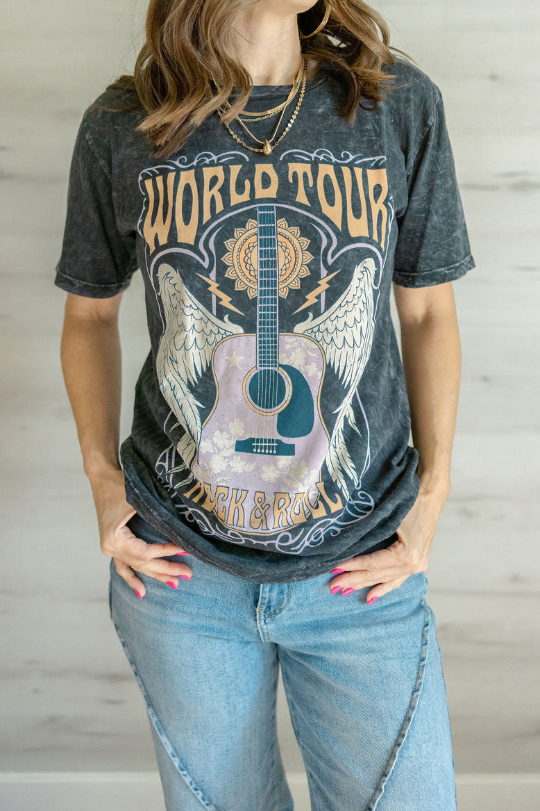 World Tour Guitar Tee in Black Vintage Wash