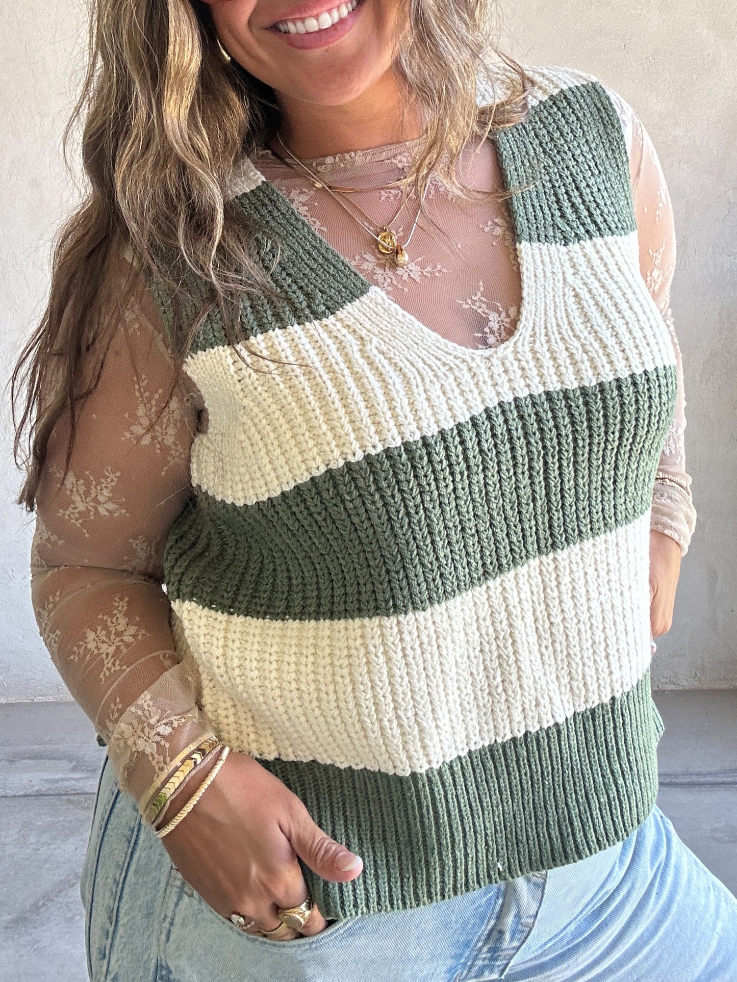 Jentry Stripe Sweater Vest in Olive & Cream