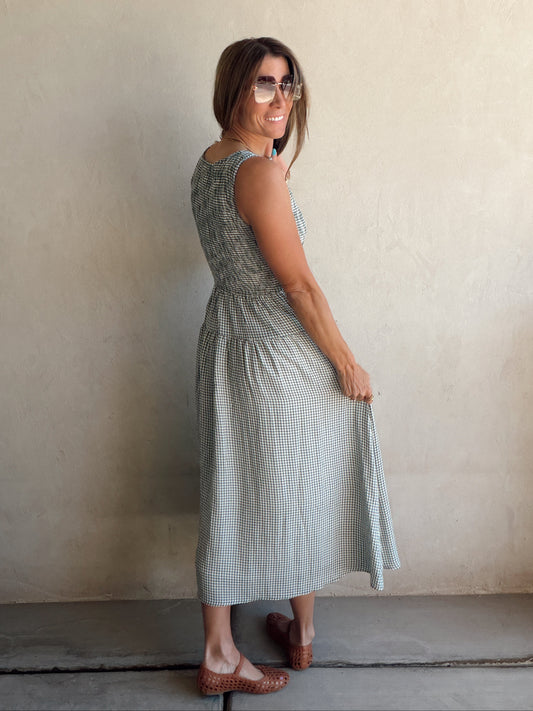 Denise Dress in Gingham Dress in Evergreen & Cream