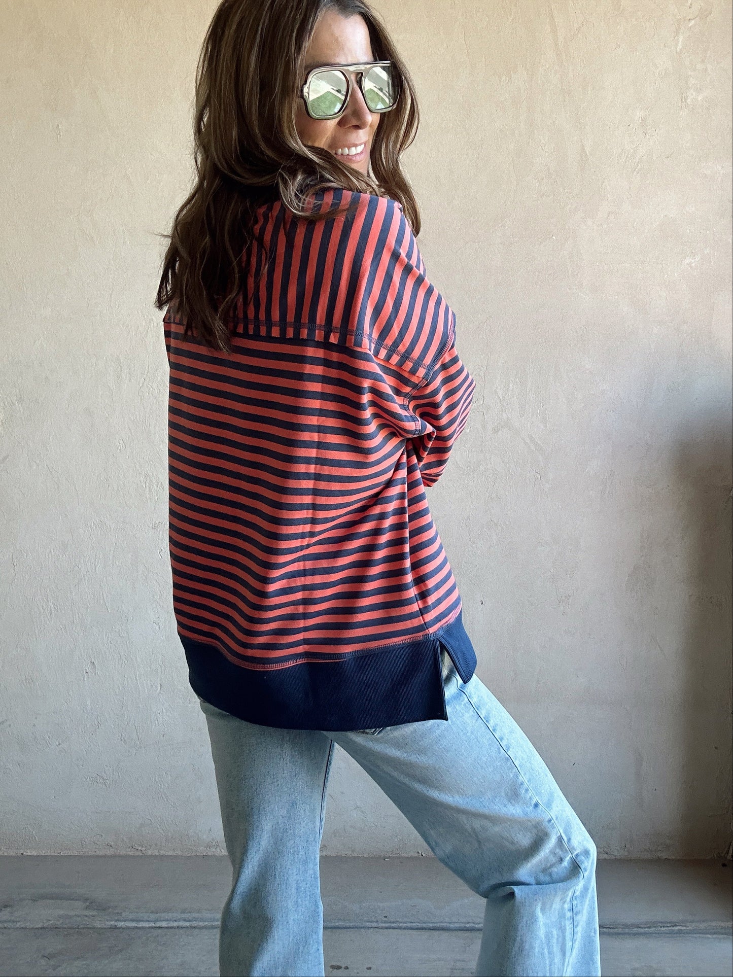 Sandy Striped Pullover in Coral & Navy
