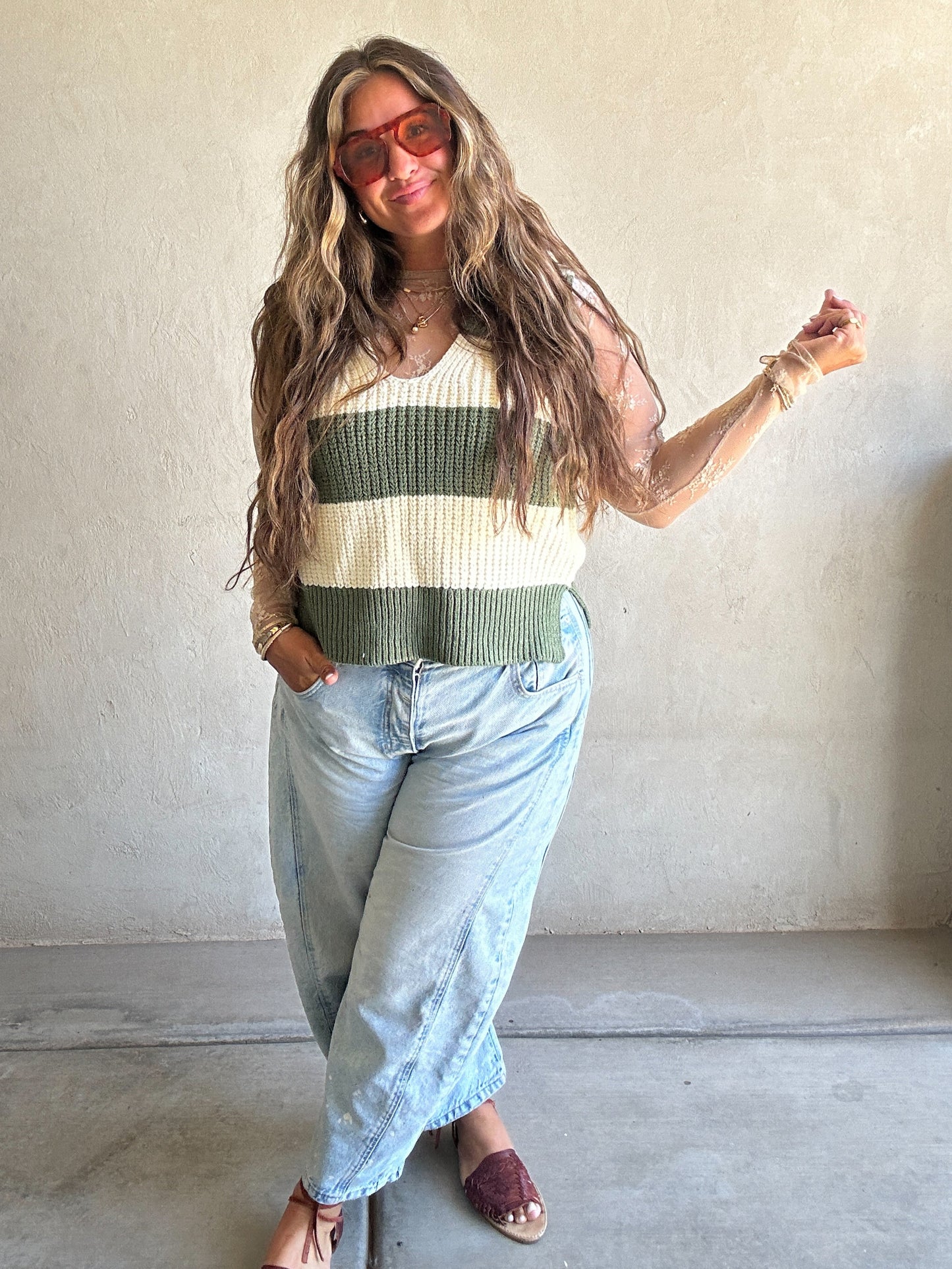 Jentry Stripe Sweater Vest in Olive & Cream