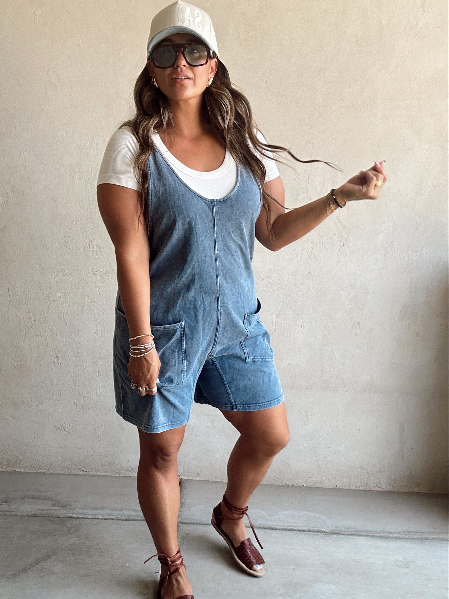 Millie Mineral Washed Romper in Navy