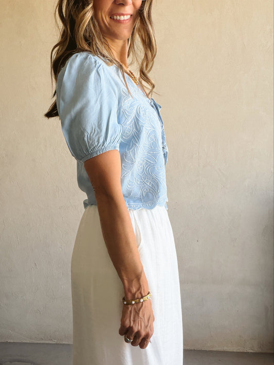 Sherry Embroidered Top in Light Blue