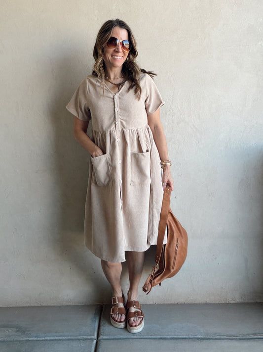McKayla Corduroy Dress in Beige