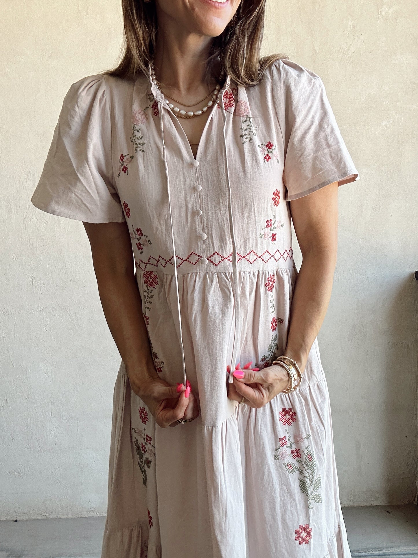 Ella Embroided Dress in Oatmeal