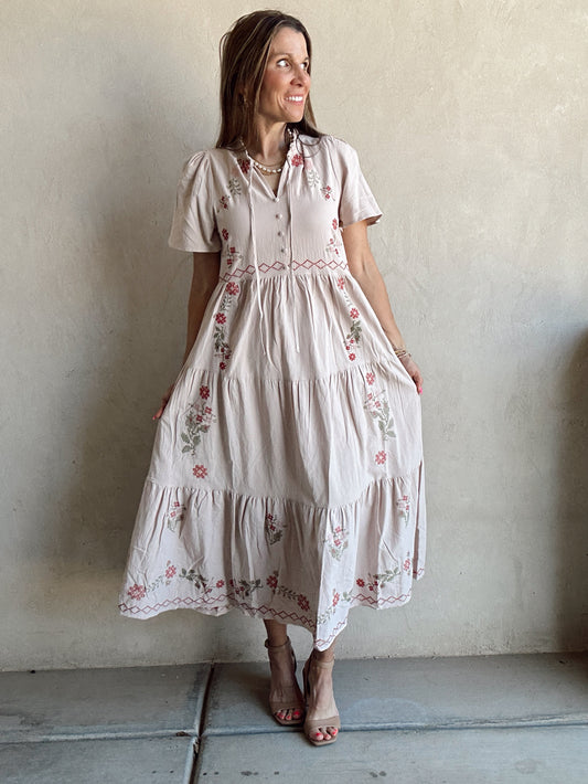 Ella Embroided Dress in Oatmeal