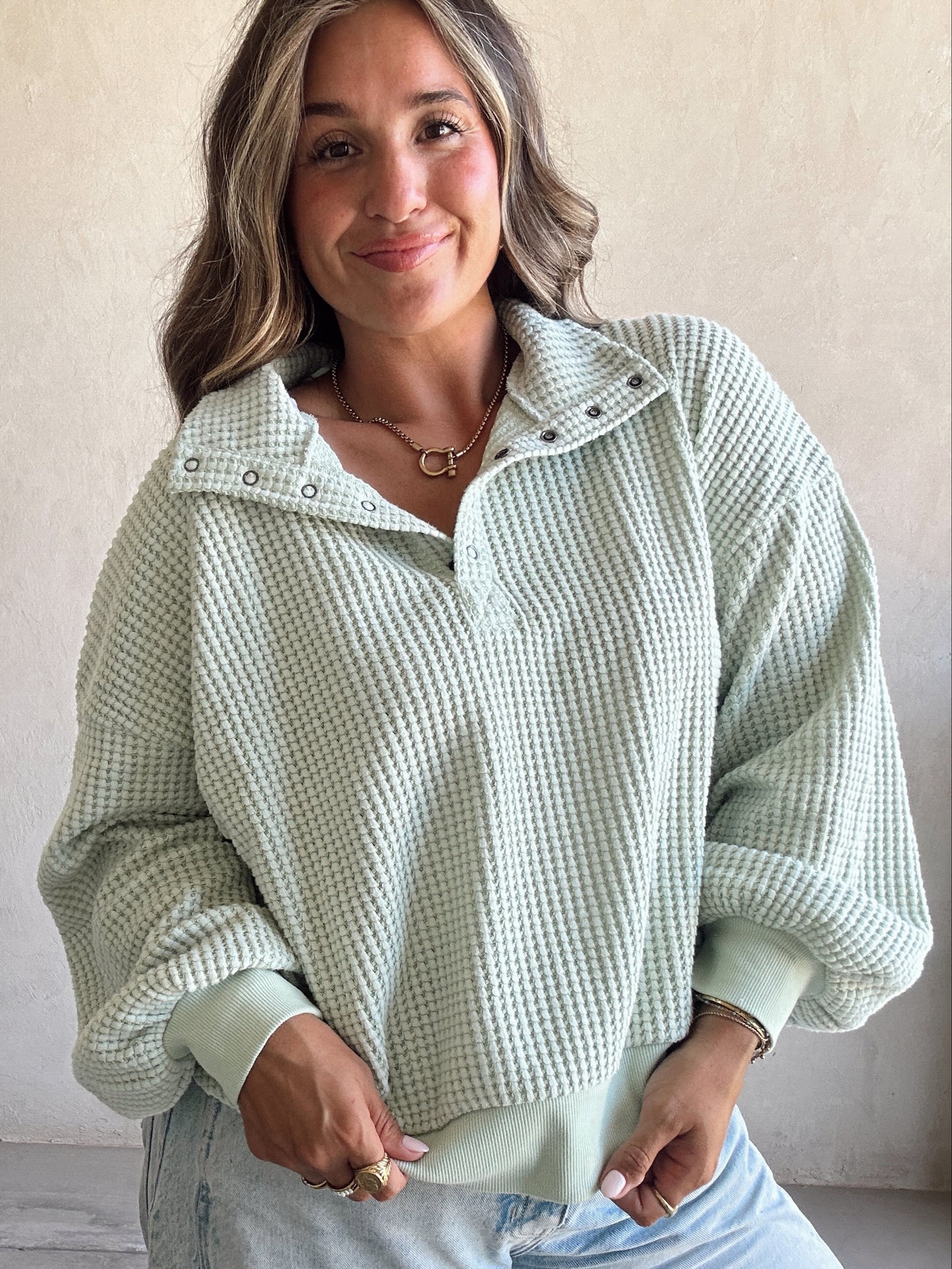 Suzy Button Down Waffle Sweatshirt in Mint