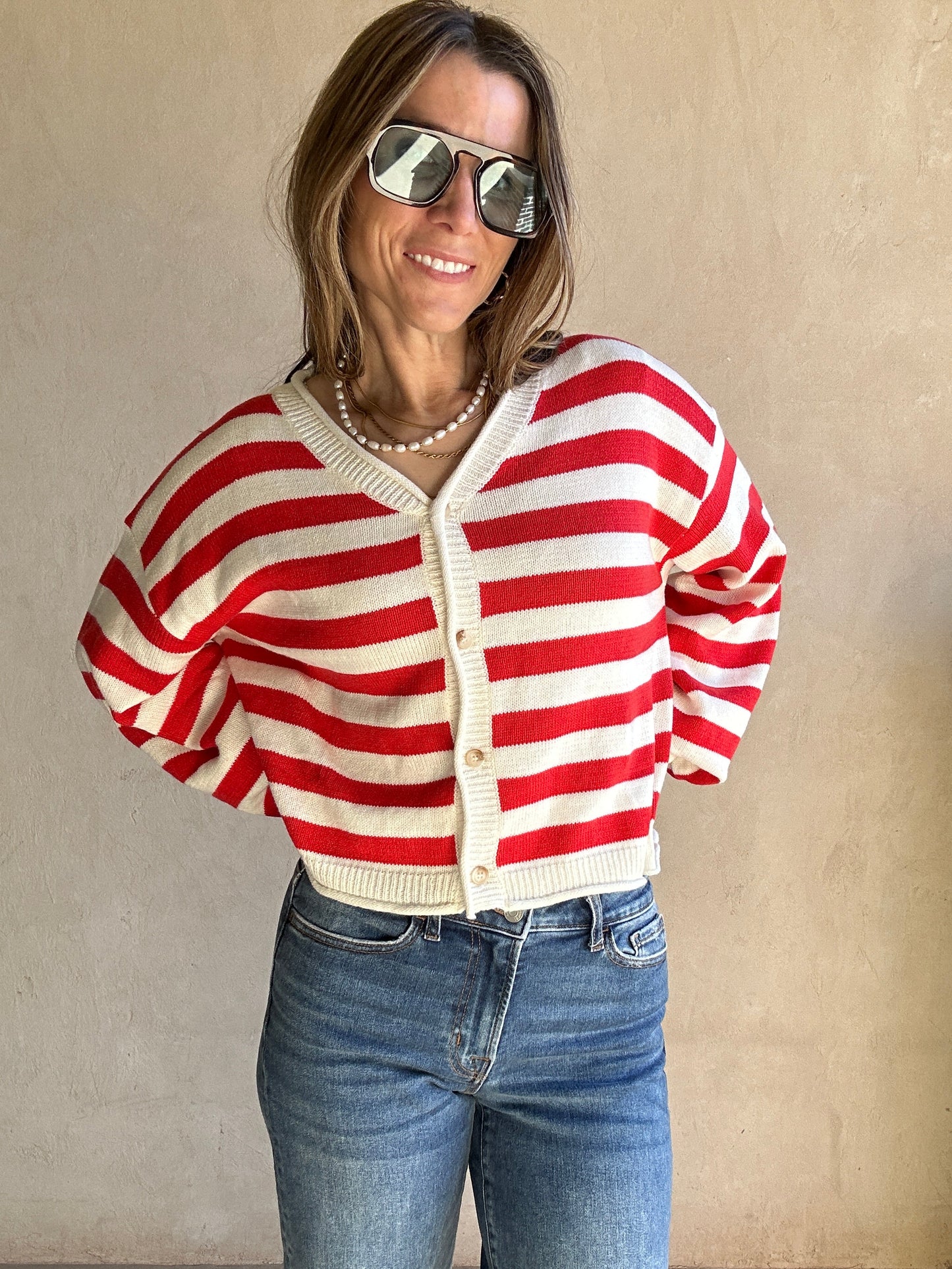 Brendee Striped Cardigan in Red & Ivory
