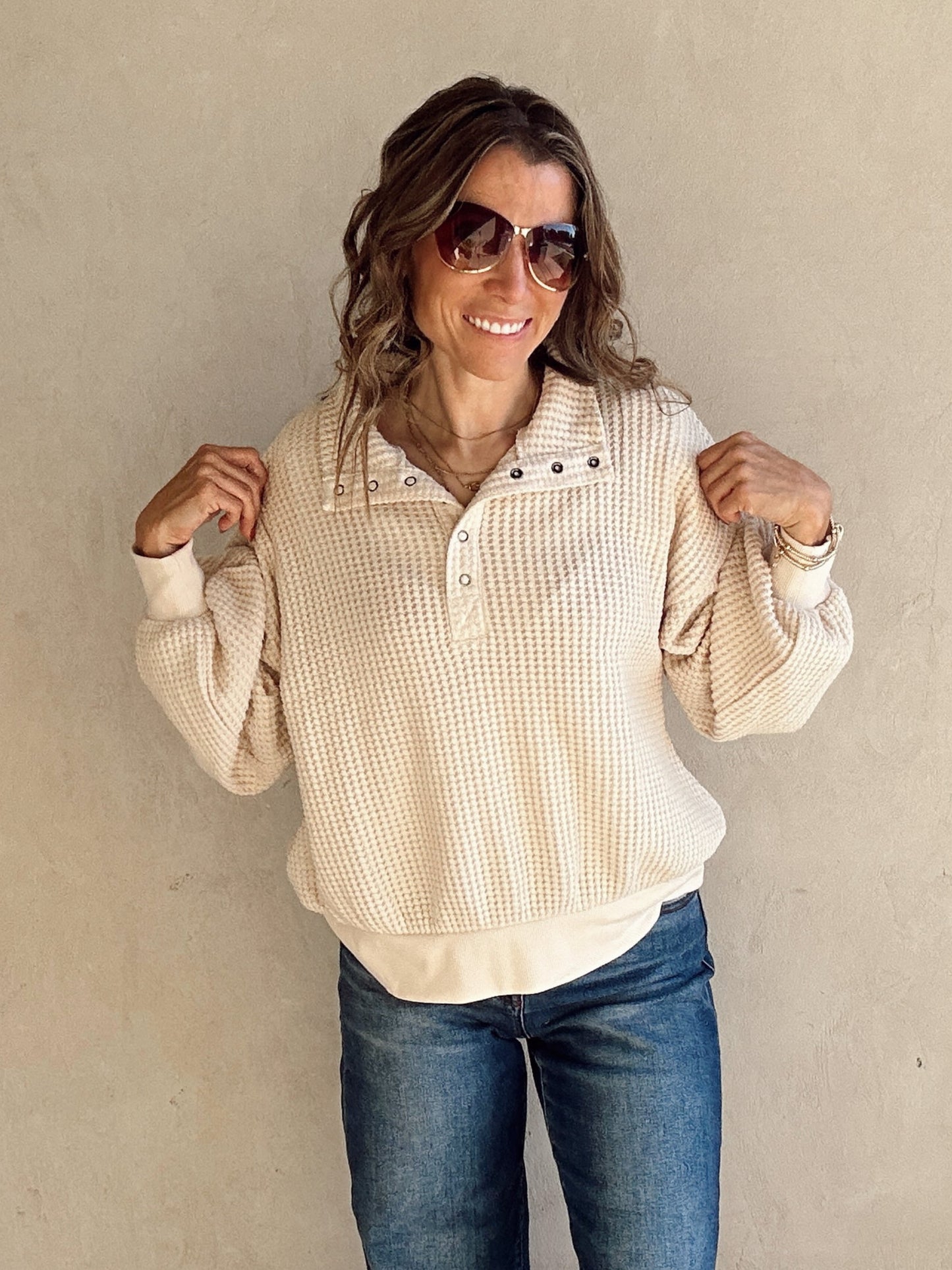 Suzy Button Down Waffle Sweatshirt in Cream