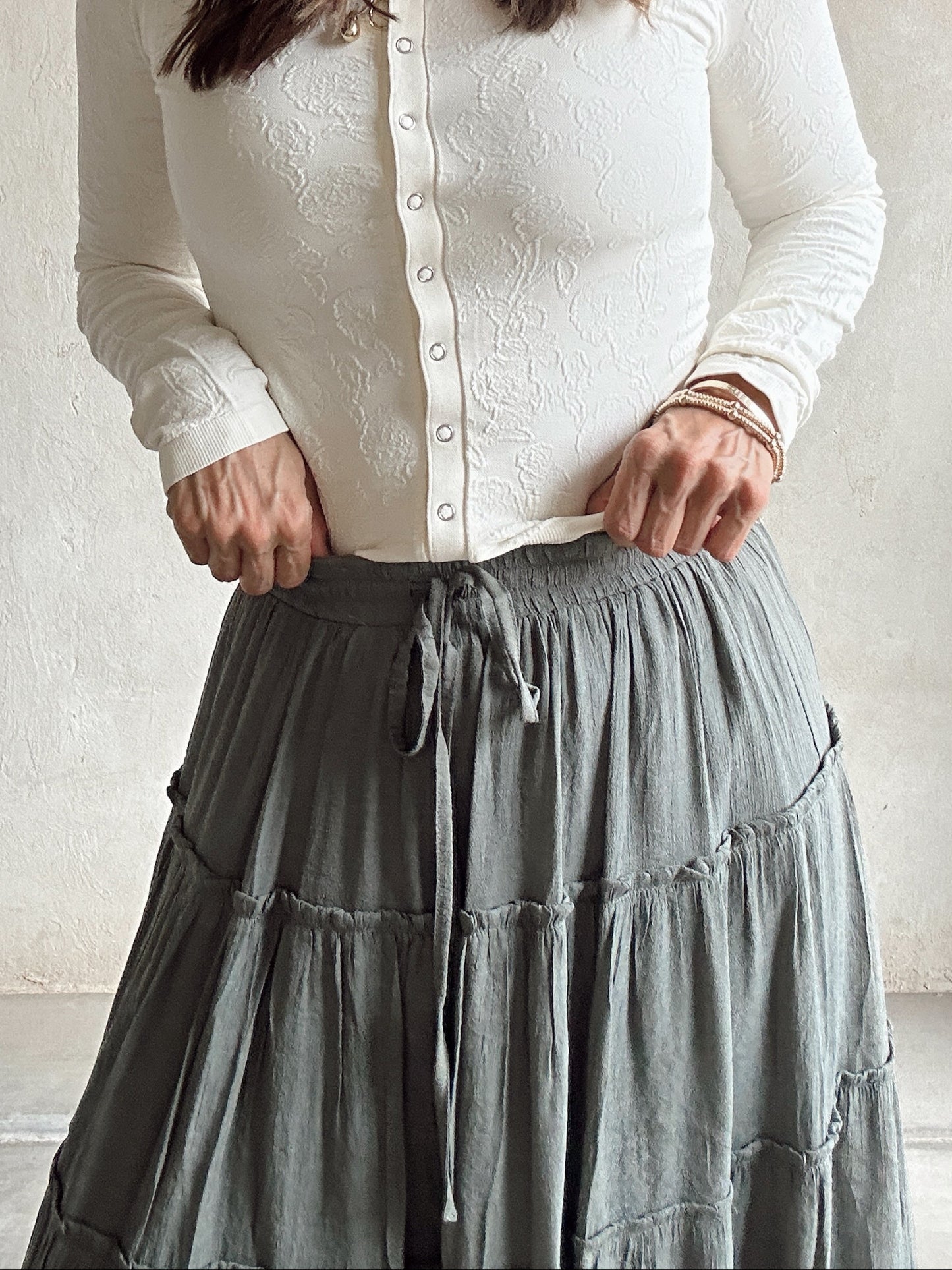 Aubrey Drawstring Tiered Skirt in Olive