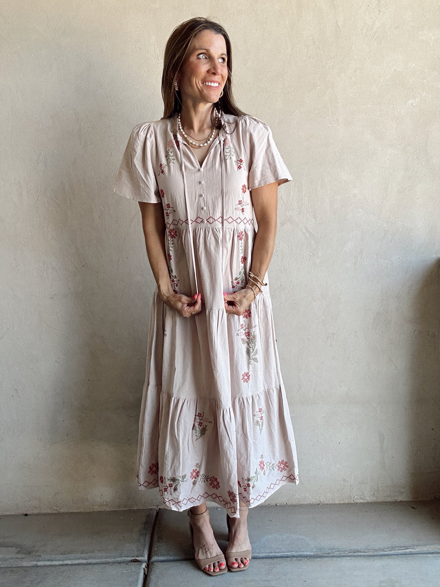 Ella Embroided Dress in Oatmeal