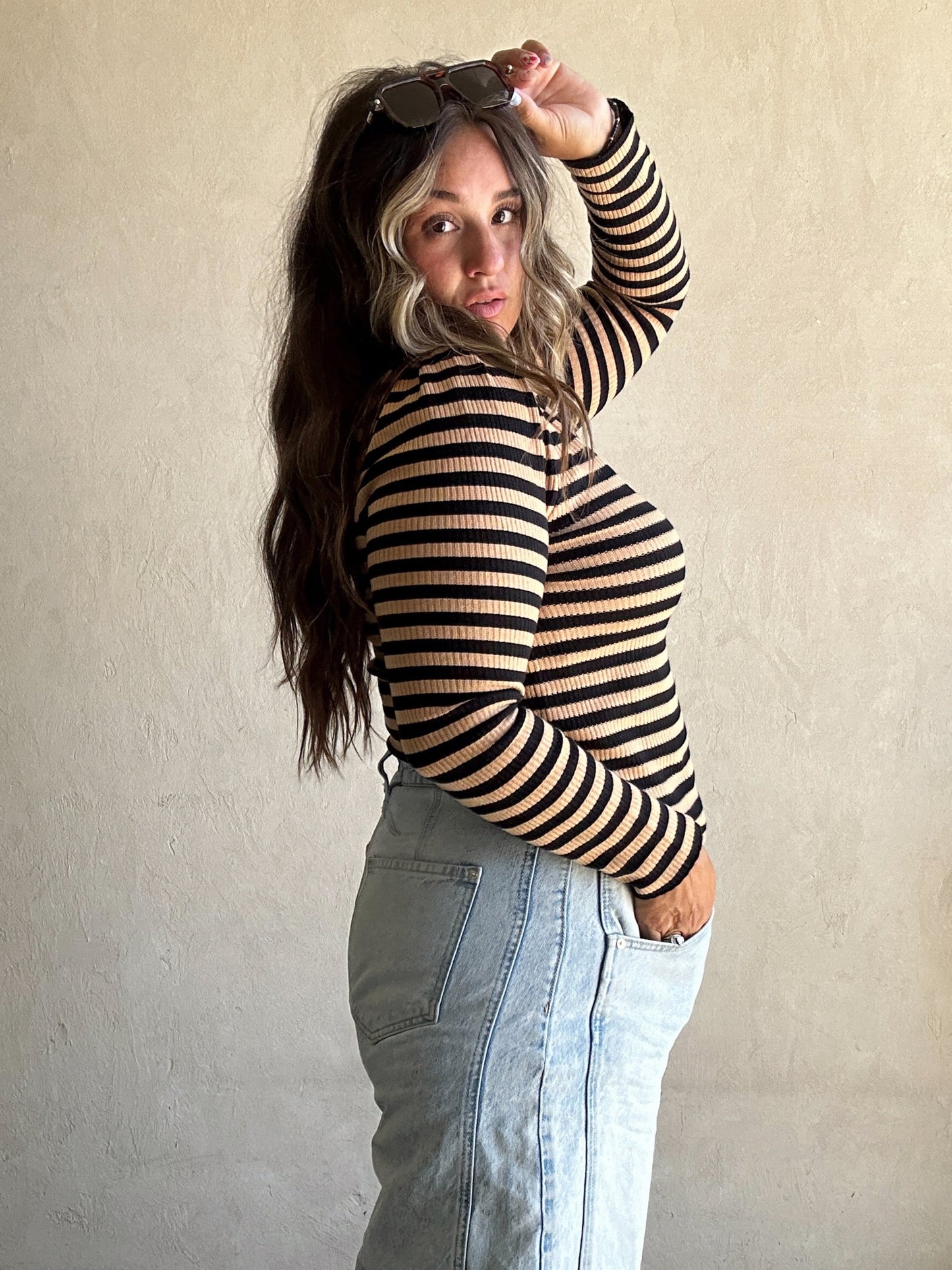 Sheila Striped Boatneck Top in Carmel & Black