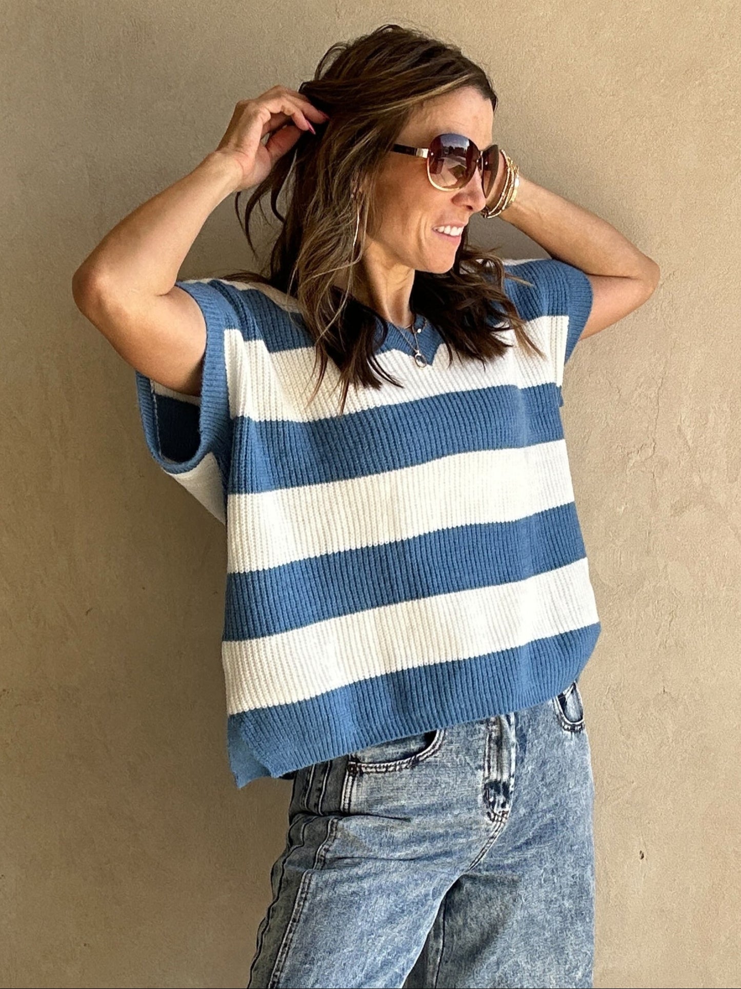 Sienna Sweater Vest in Blue & White