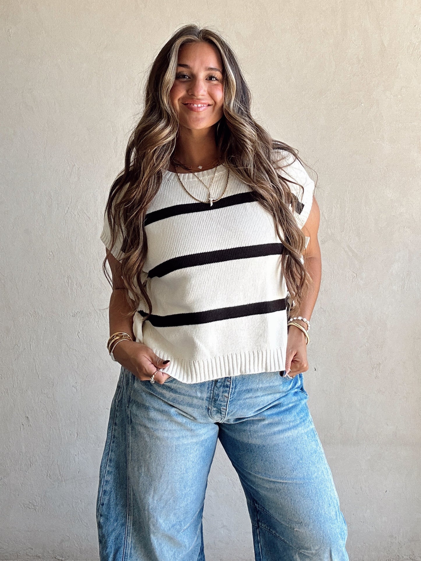 Lainee Striped Top with Side Bows in Navy, Mocha, and Ivory