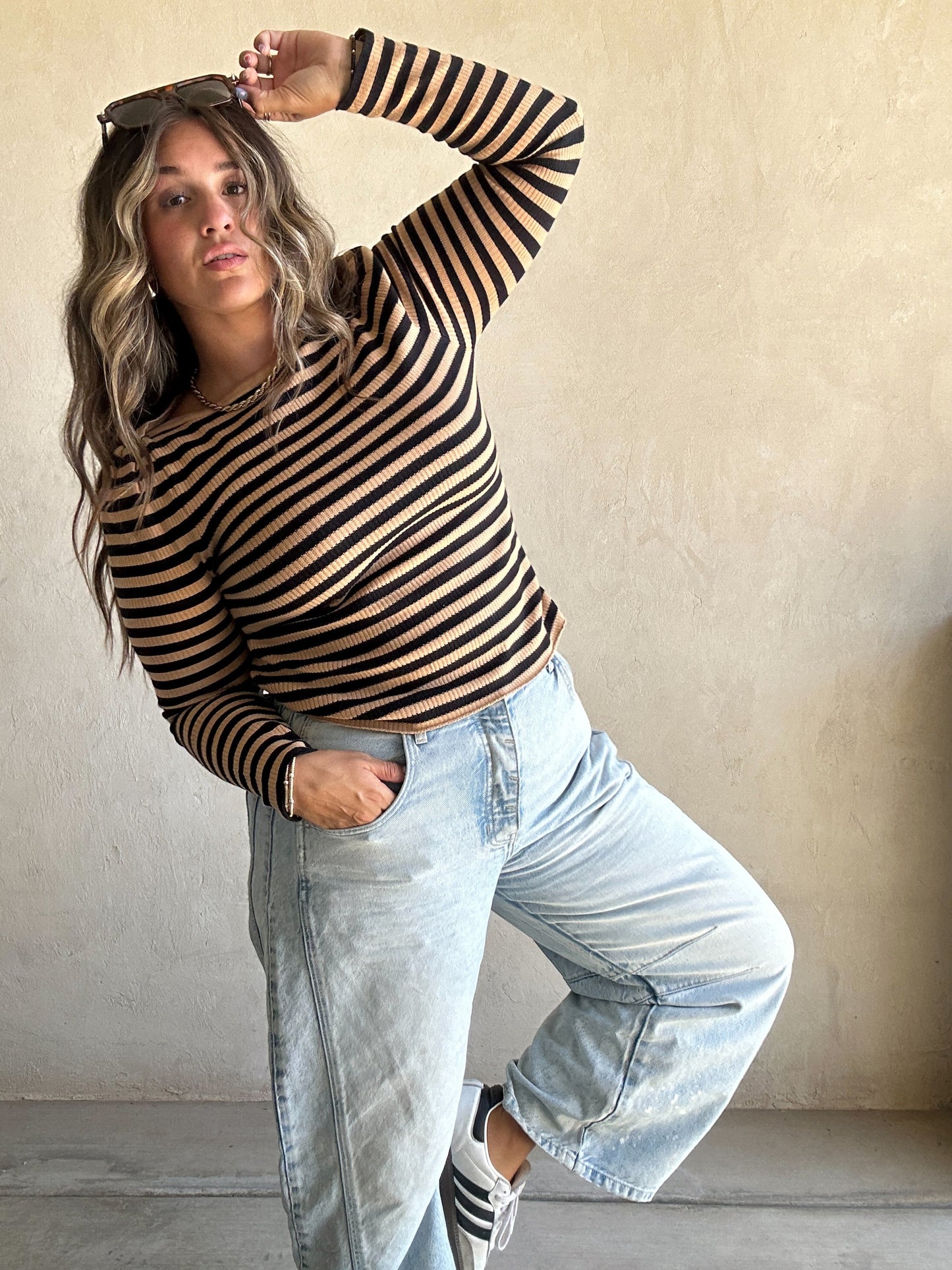 Sheila Striped Boatneck Top in Carmel & Black