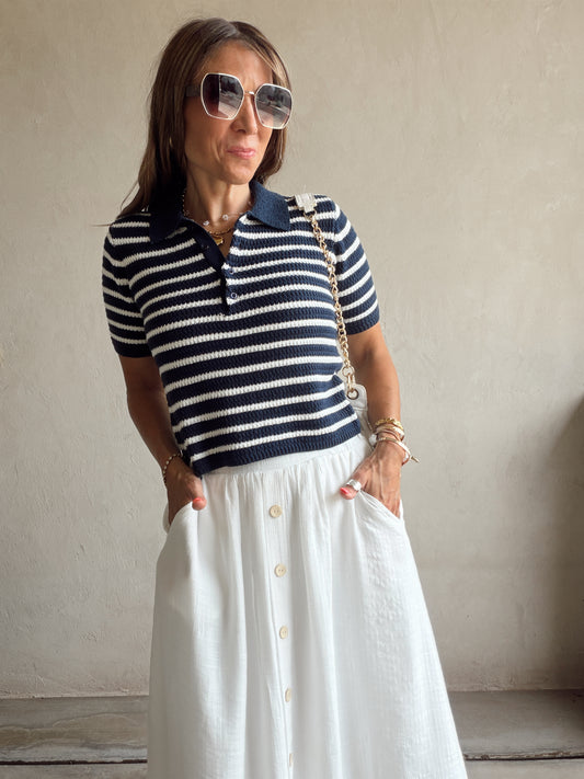 Savannah Striped Knit Top in Navy & White