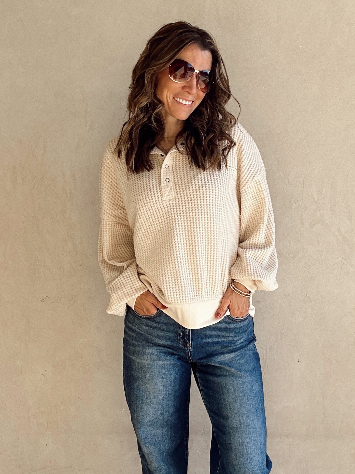 Suzy Button Down Waffle Sweatshirt in Cream