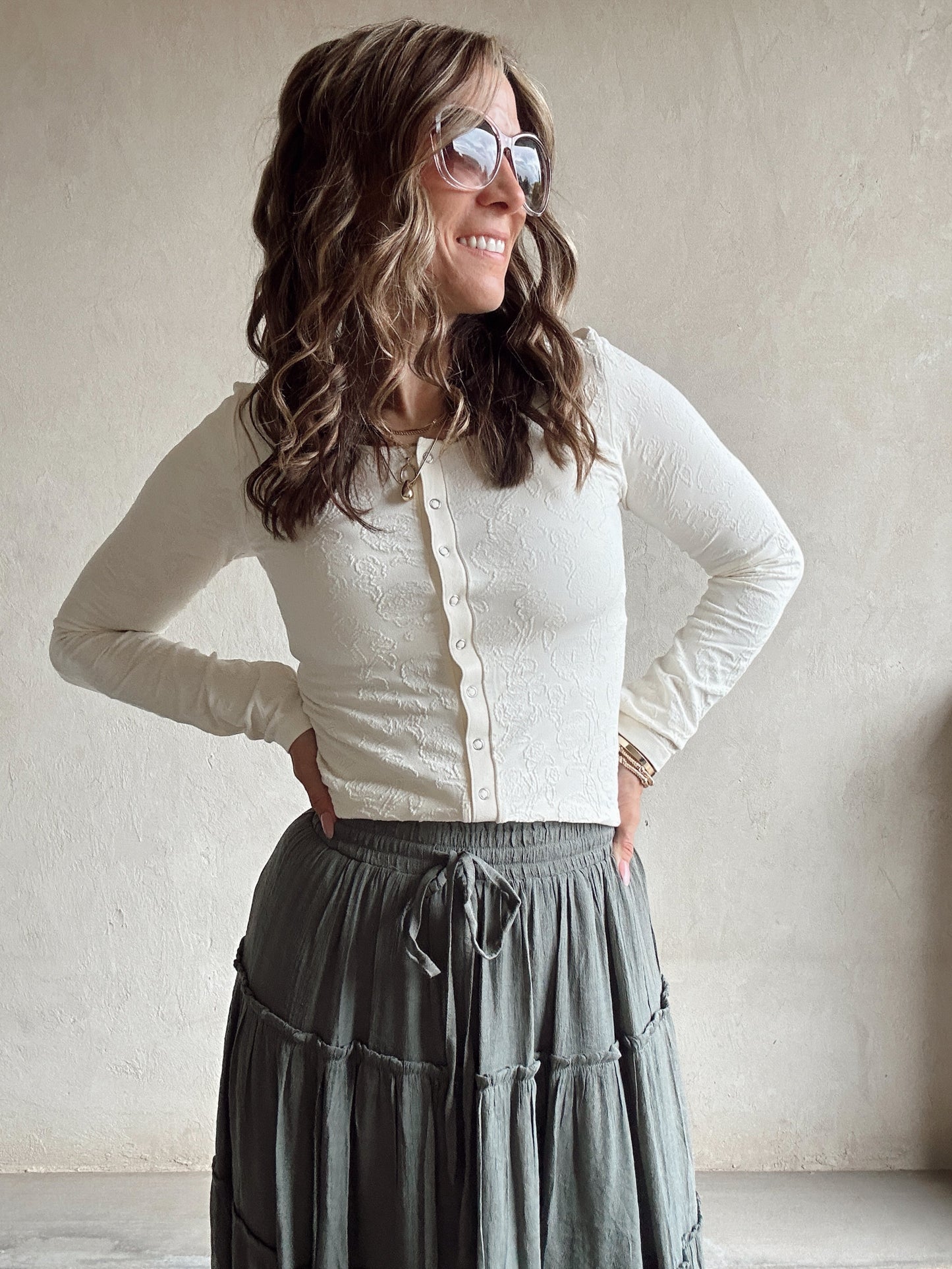 Aubrey Drawstring Tiered Skirt in Olive