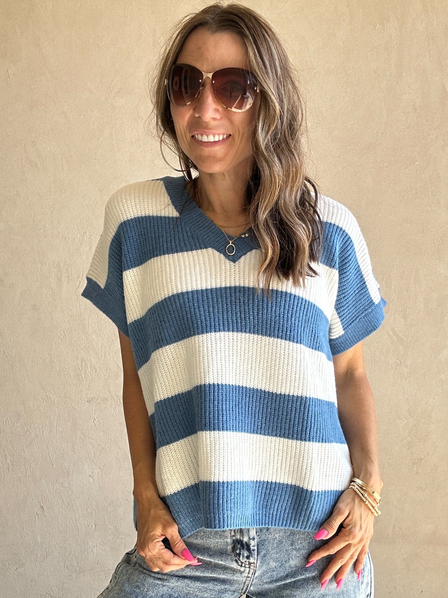 Sienna Sweater Vest in Blue & White