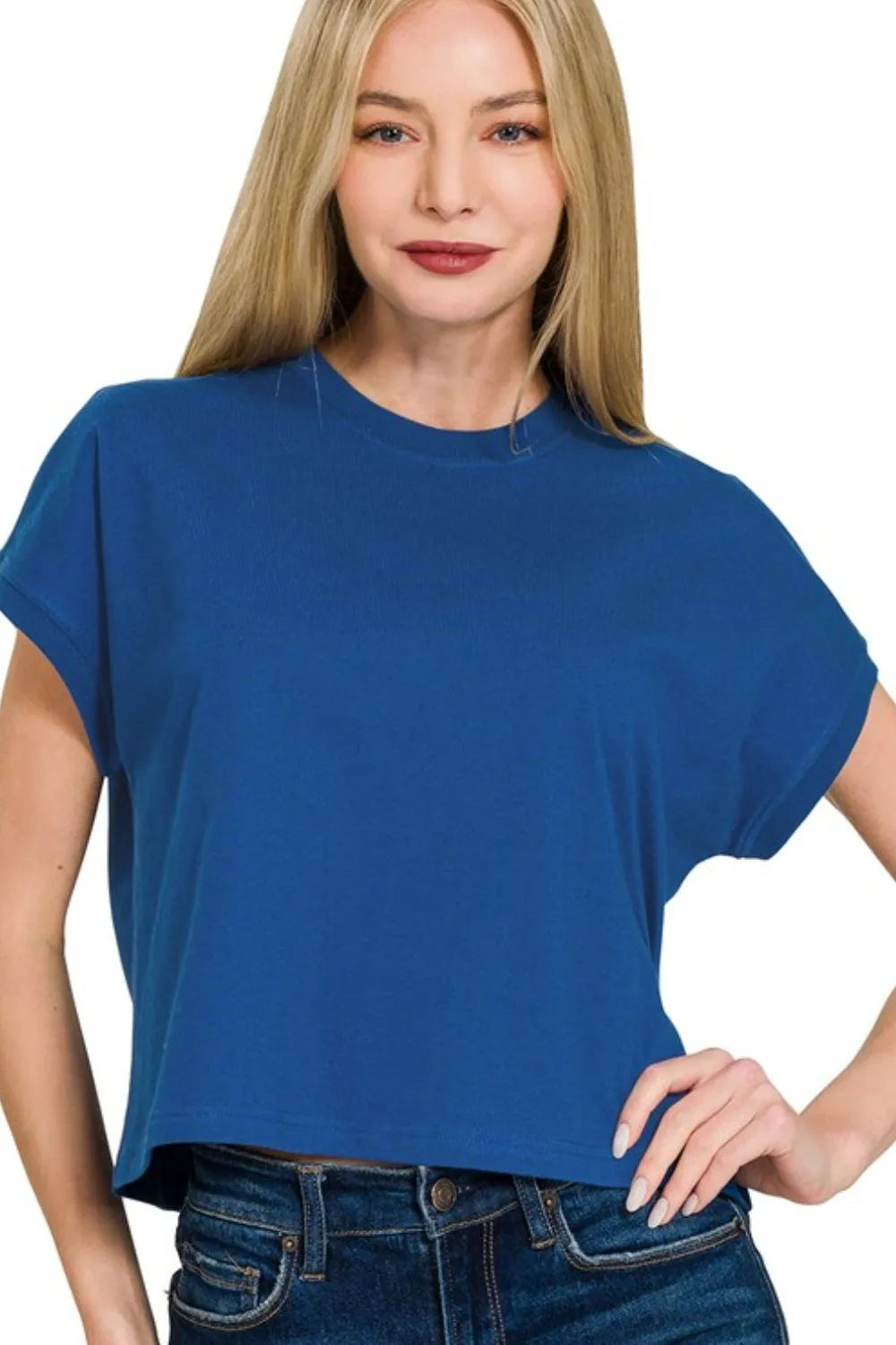 Zoey Premium Cotton Relaxed Crop Tee in Royal Blue
