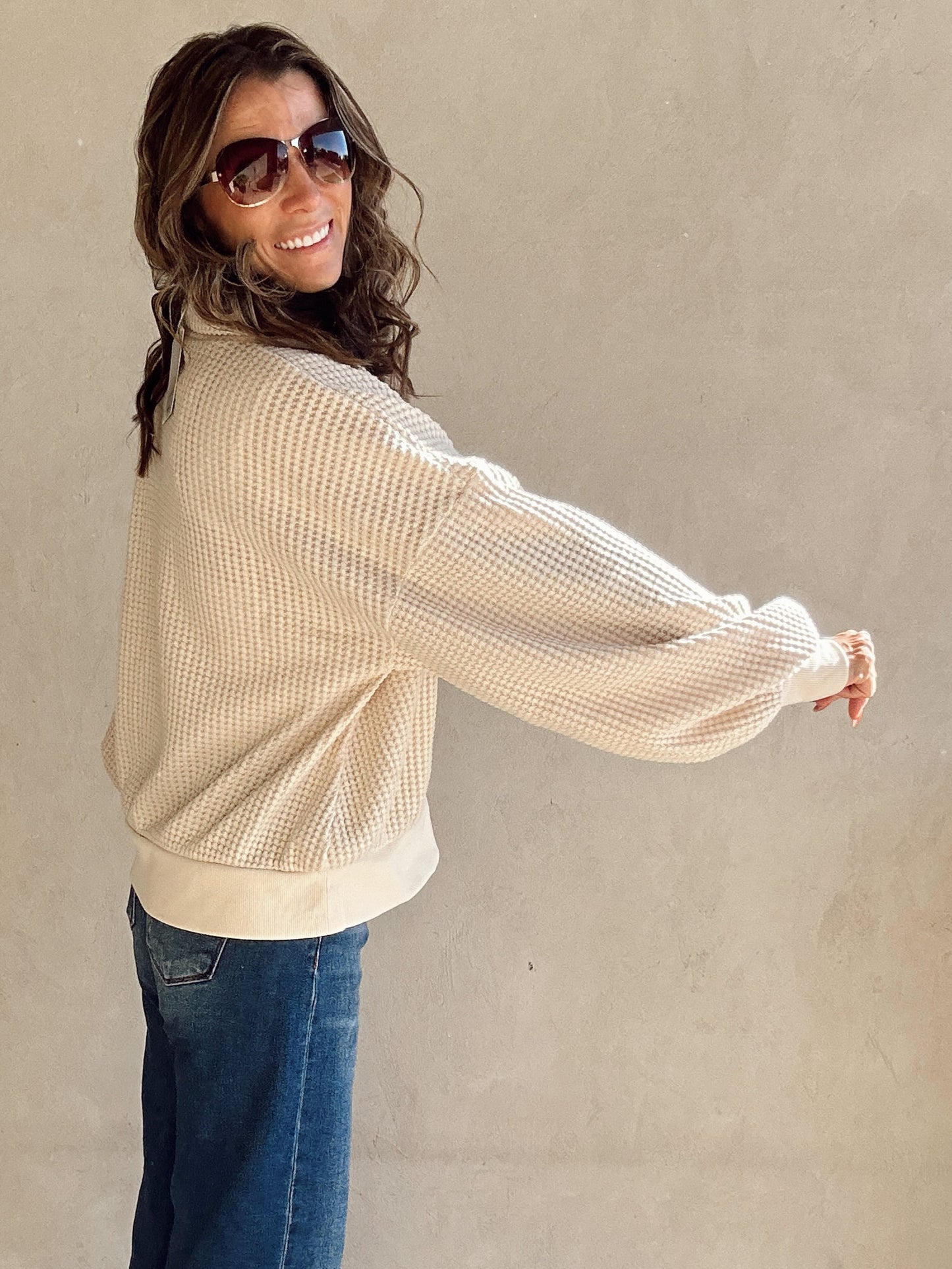Suzy Button Down Waffle Sweatshirt in Cream